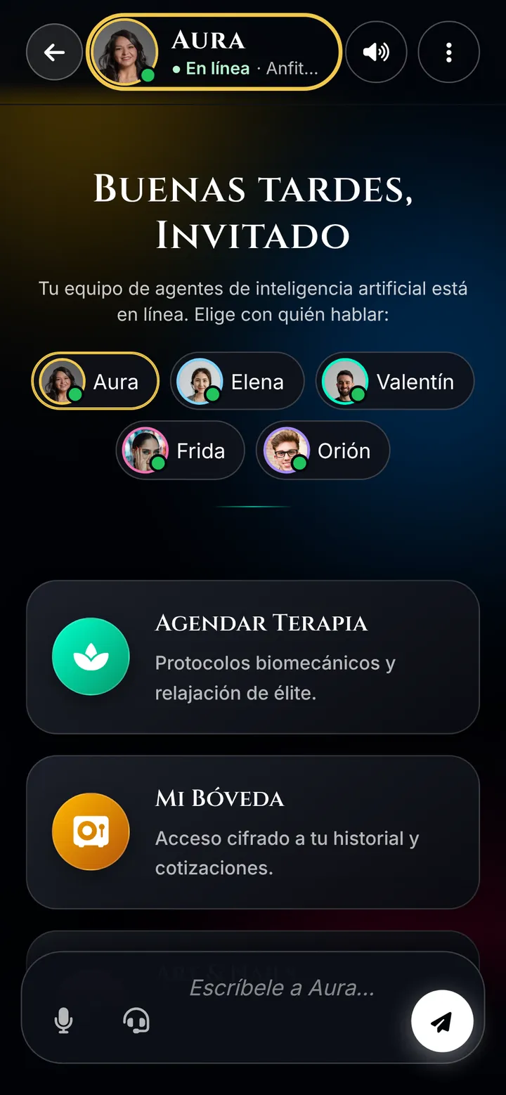 Captura de Aura: saludo Buenas tardes, Invitado; los cinco agentes Aura, Elena, Valentín, Frida y Orión con su foto; y accesos a Agendar Terapia y Mi Bóveda, con el campo Escríbele a Aura abajo.