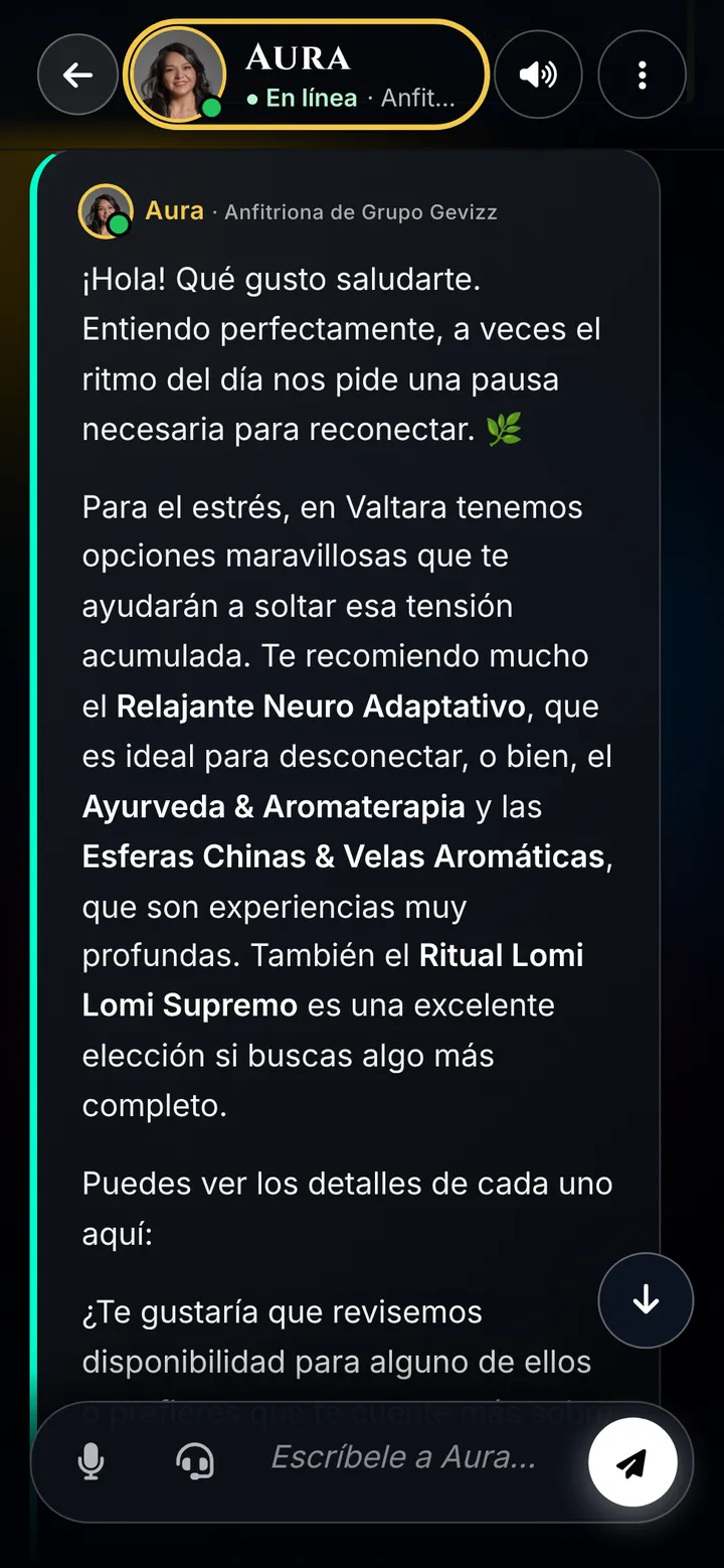 Screenshot of an Aura answer recommending real massages from the Valtara catalog for stress, such as Neuro Adaptive Relaxing and Ayurveda and Aromatherapy, with names in bold.