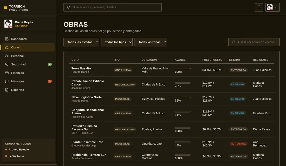 Captura de la sección Obras: filtros por estado, tipo y zona, buscador y una tabla de obras con tipo, ubicación, barra de avance, presupuesto ejercido, estado (entregada, en tiempo o retrasada) y residente.