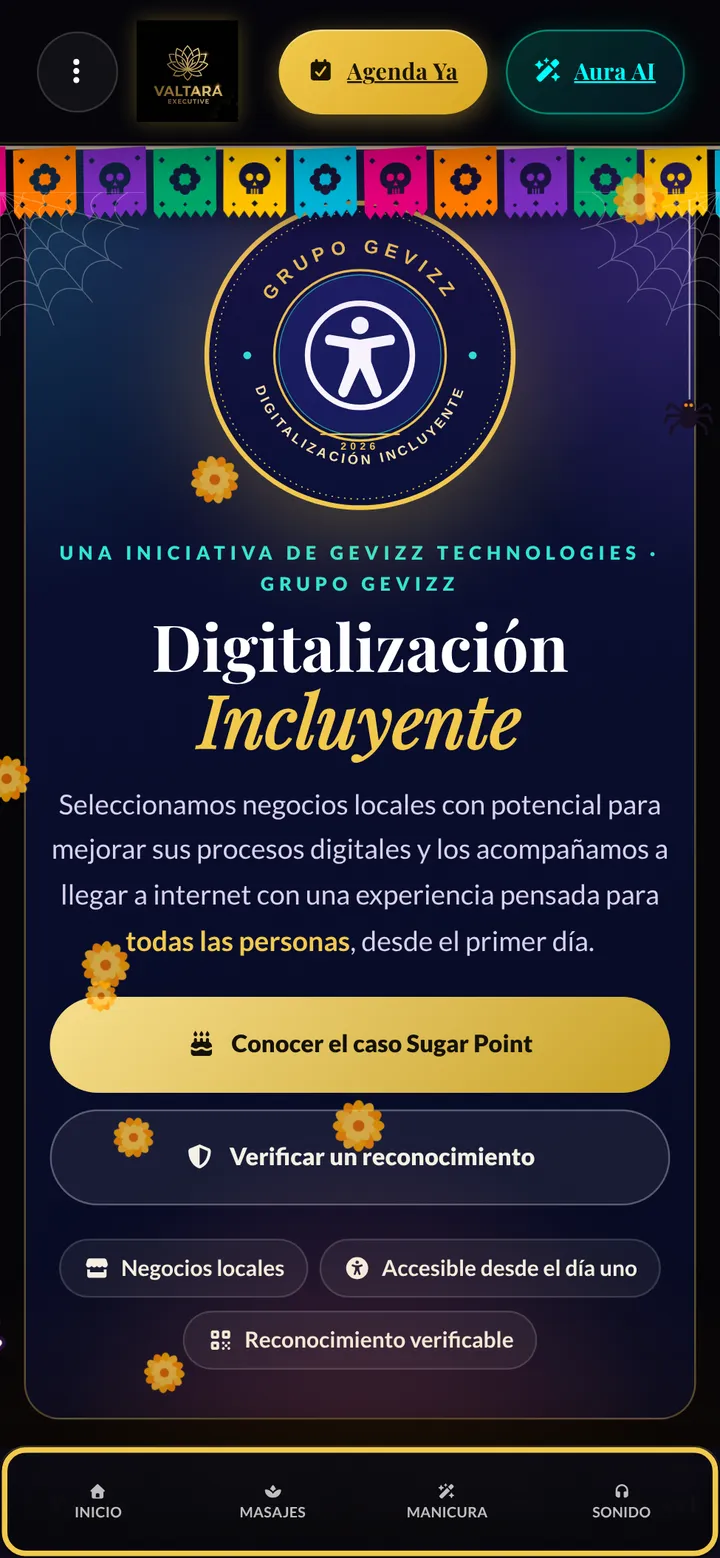 Captura de la sección Digitalización Incluyente: el sello dorado de la iniciativa, el título Digitalización Incluyente y el texto Seleccionamos negocios locales con potencial para mejorar sus procesos digitales, con los botones Conocer el caso Sugar Point y Verificar un reconocimiento.