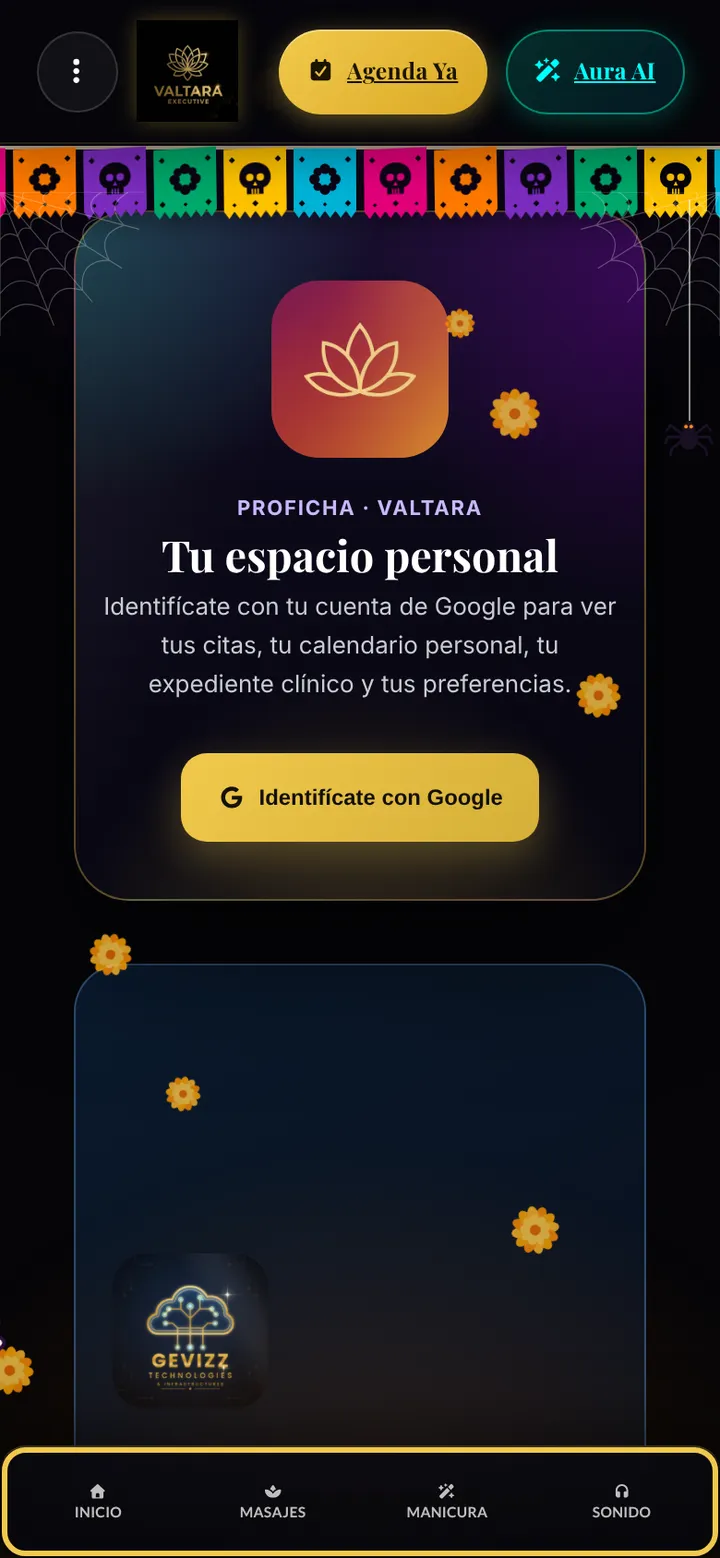Captura del acceso a ProFicha: tarjeta con la flor de loto de Valtara, el título Tu espacio personal, el texto Identifícate con tu cuenta de Google para ver tus citas, tu calendario personal, tu expediente clínico y tus preferencias, y el botón dorado Identifícate con Google.