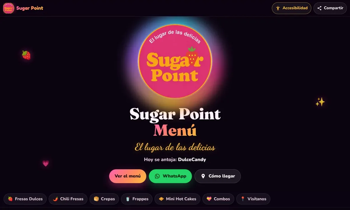 Sugar Point's site on a desktop computer: dark background with pink glows, the logo, the menu title, the search box and dessert sections.