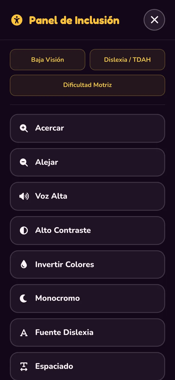 Captura del Panel de Inclusión de Sugar Point: perfiles Baja Visión, Dislexia o TDAH y Dificultad Motriz, y botones para acercar, alejar, voz alta, alto contraste, invertir colores, monocromo, fuente para dislexia y espaciado.