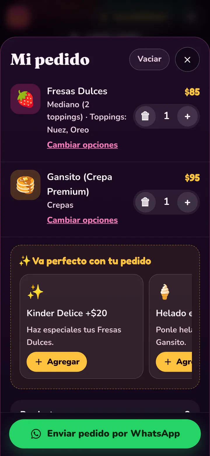 Captura del carrito Mi pedido de Sugar Point con dos productos, sus opciones y precios, sugerencias que van con el pedido y el botón verde Enviar pedido por WhatsApp.