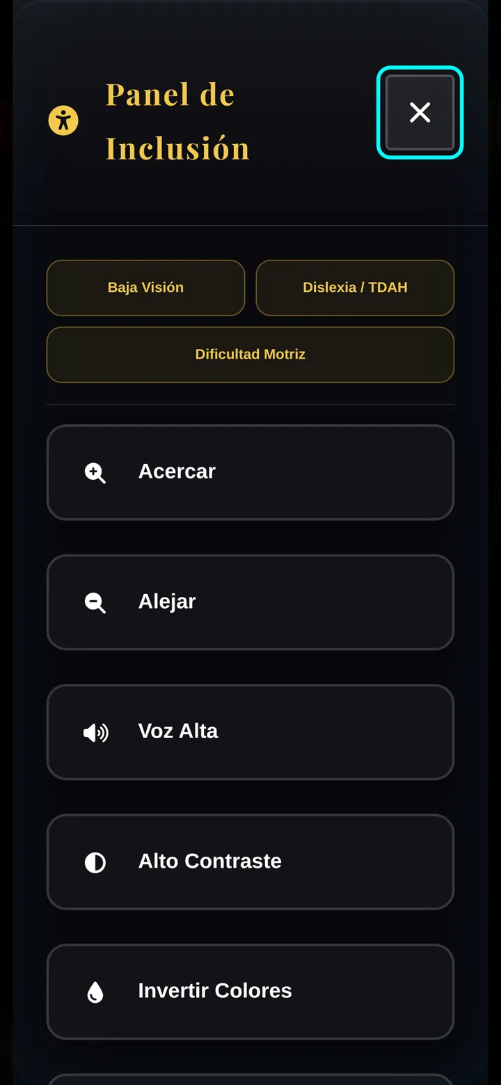 Captura del Panel de Inclusión de valtaraexecutive.com: perfiles Baja Visión, Dislexia o TDAH y Dificultad Motriz, y botones grandes Acercar, Alejar, Voz Alta, Alto Contraste e Invertir Colores.