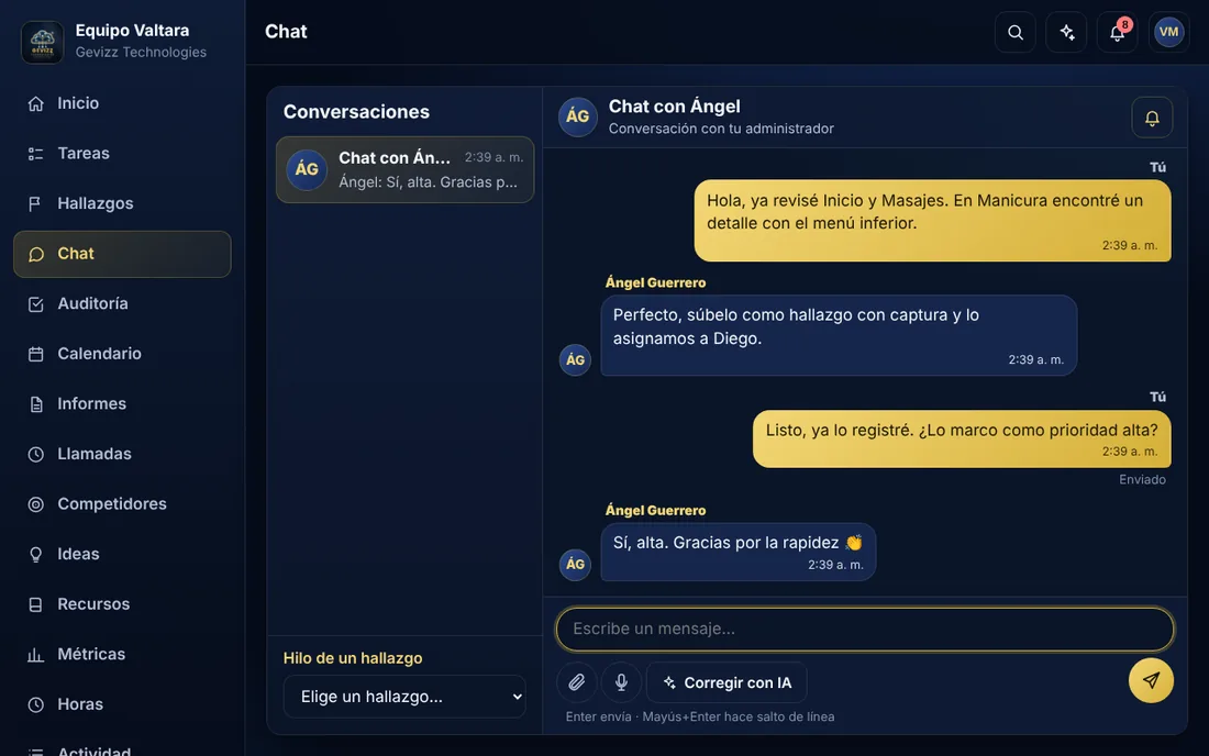 Screenshot of Valtara OS on a computer: sidebar with Home, Tasks, Findings, Chat, Audit, Calendar, Reports and Calls, and a team conversation where a finding is logged, assigned to a person and marked as high priority.
